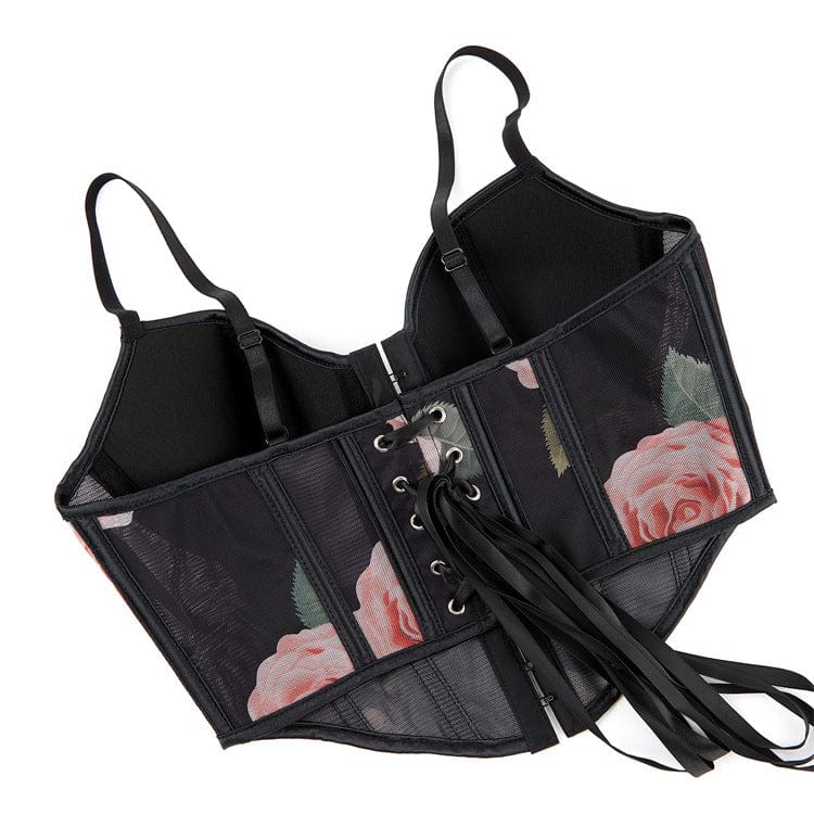 Gothic Rose Printed Mesh Lace-up Overbust Corset