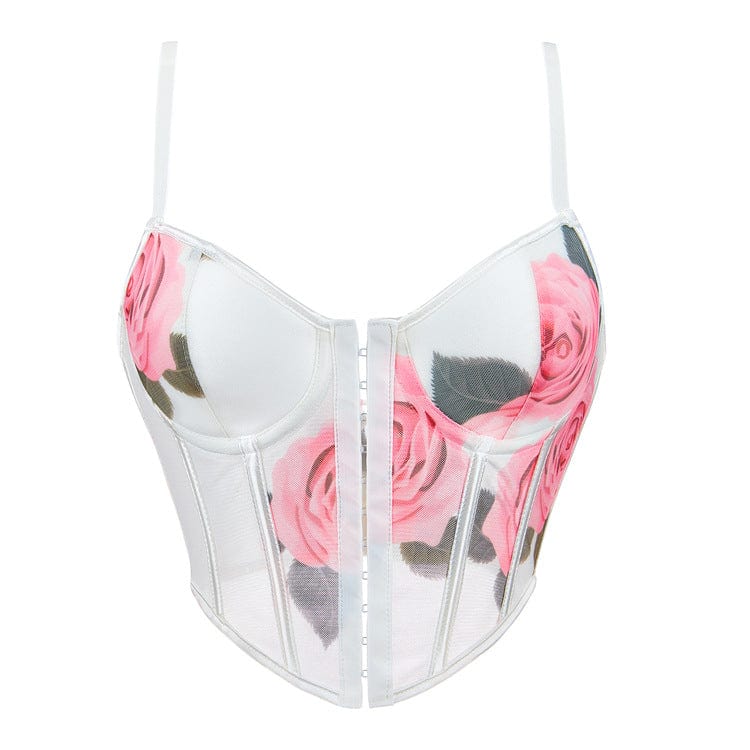 Gothic Rose Printed Mesh Lace-up Overbust Corset