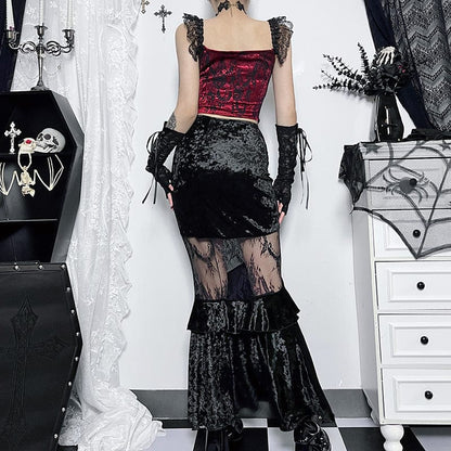 Gothic Sheer Velvet Wrap Maxi Skirt