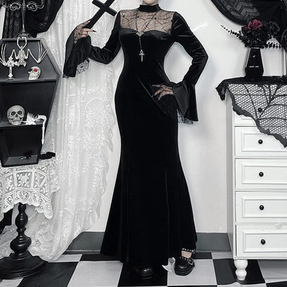 Gothic Spider Mesh Lace Maxi Dress