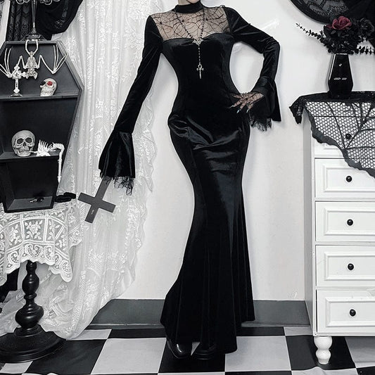 Gothic Spider Mesh Lace Maxi Dress