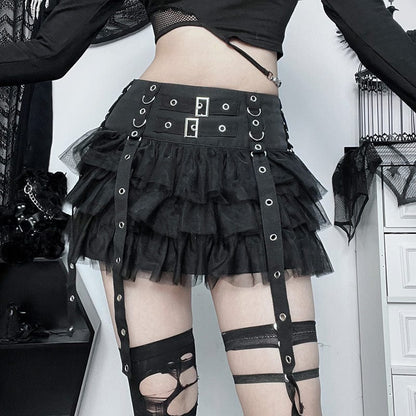 Gothic Strap Splice Mesh Layered Skirt