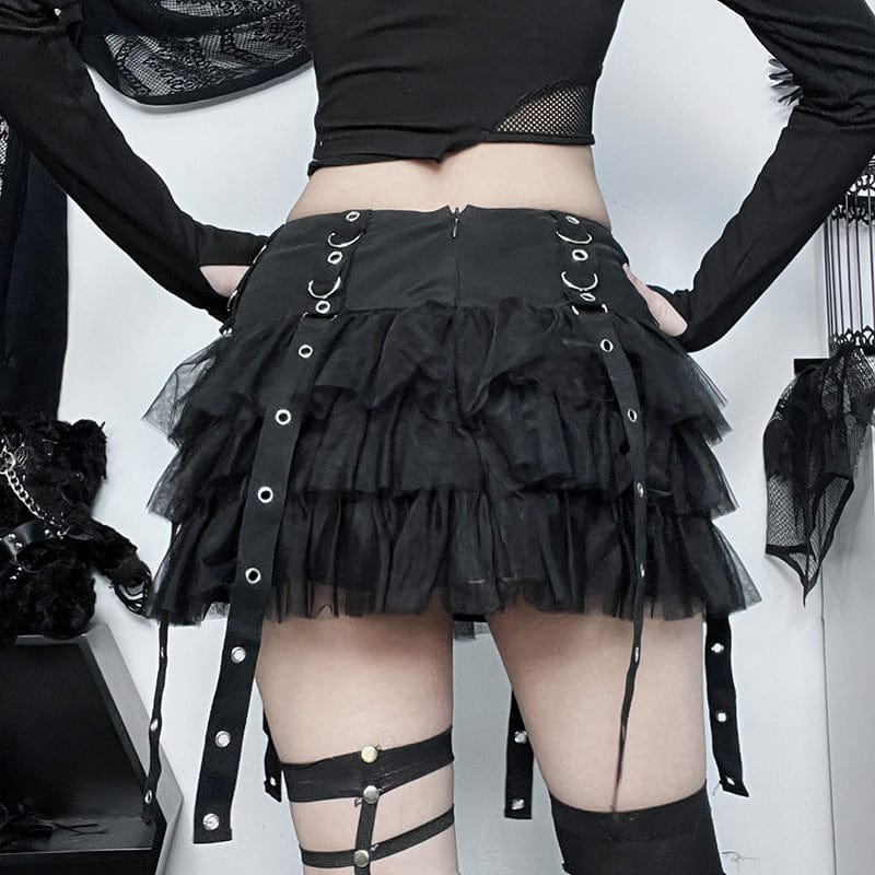 Gothic Strap Splice Mesh Layered Skirt