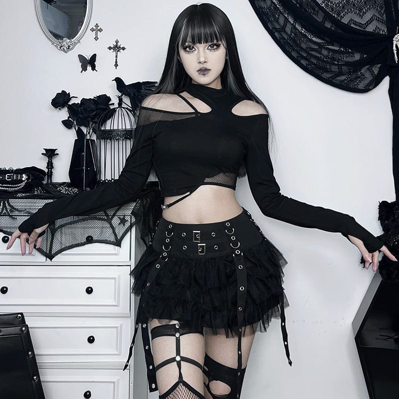 Gothic Strap Splice Mesh Layered Skirt