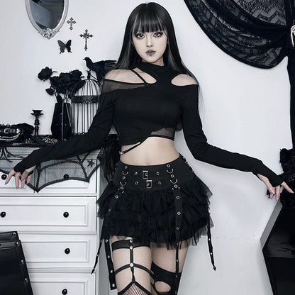 Gothic Strap Splice Mesh Layered Skirt