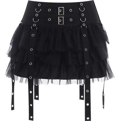Gothic Strap Splice Mesh Layered Skirt