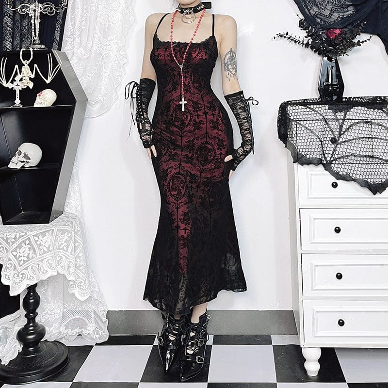 Gothic Victorian Flocking Prom Fishtail Slip Dress