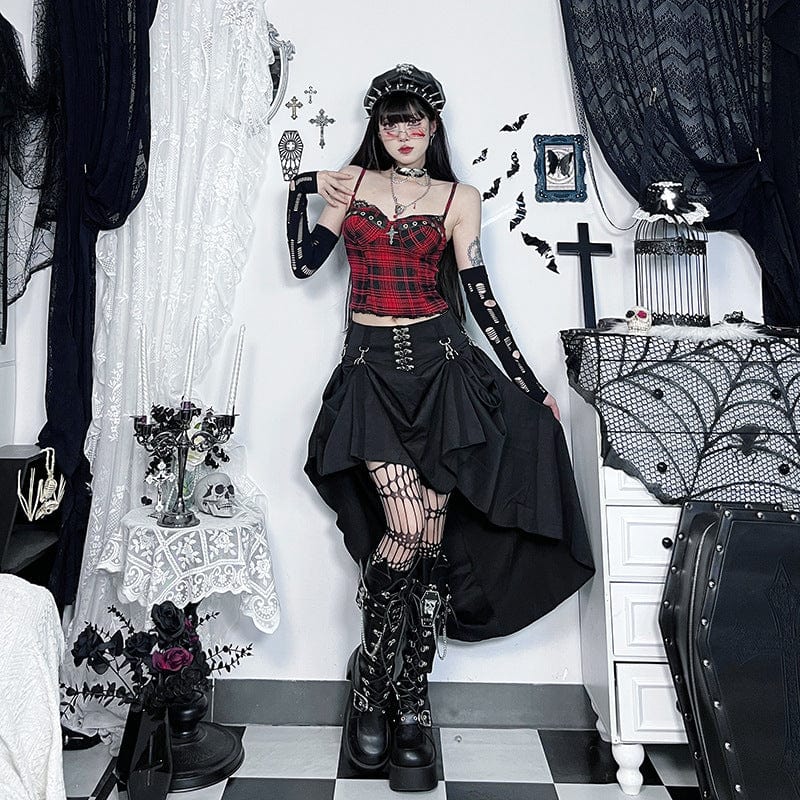 Grunge Cross Lace Hem Plaid Bustier