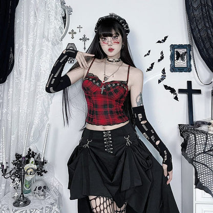 Grunge Cross Lace Hem Plaid Bustier