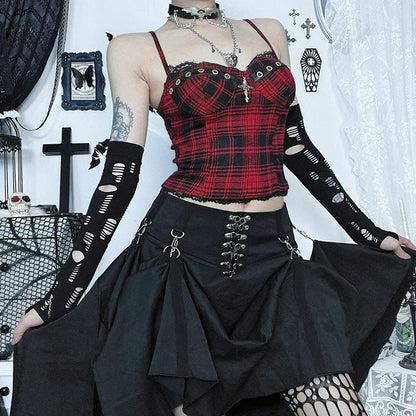 Grunge Cross Lace Hem Plaid Bustier