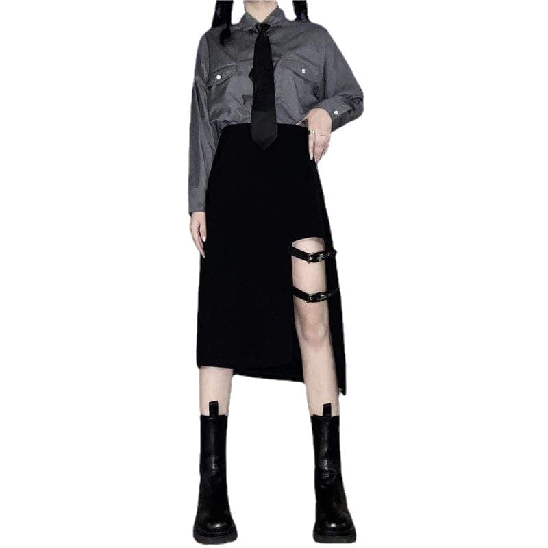 Grunge Cutout Irregular Black Maxi Skirts
