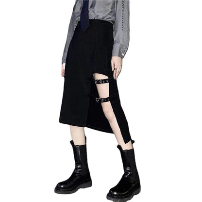Grunge Cutout Irregular Black Maxi Skirts