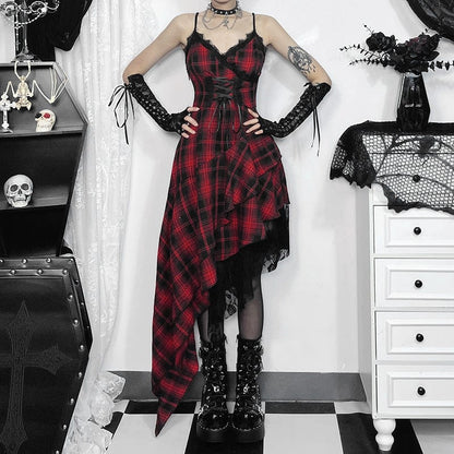 Grunge Irregular Lace-up Plaid Party Slip Dress