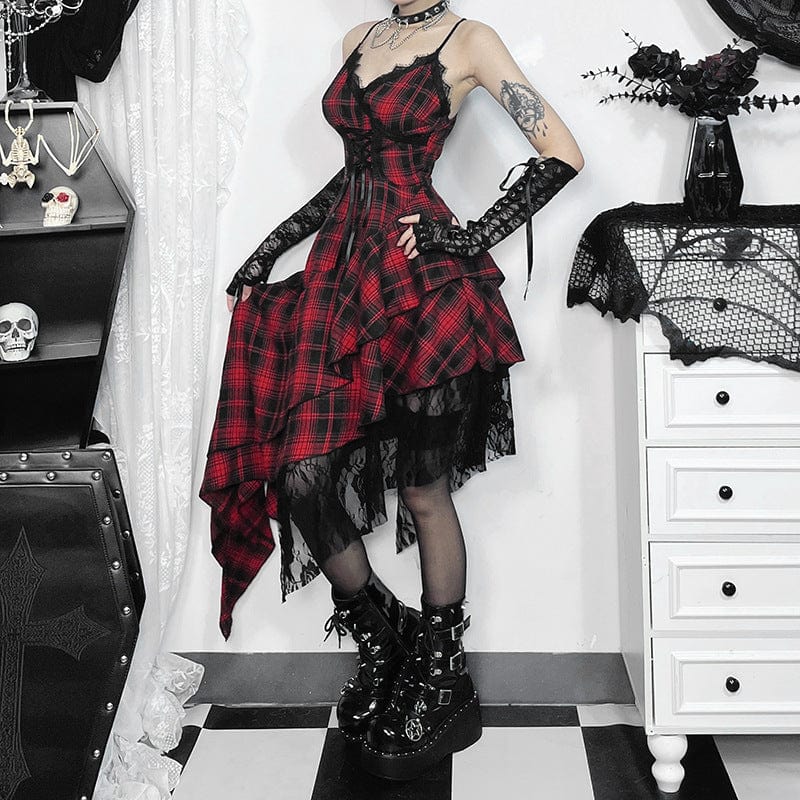 Grunge Irregular Lace-up Plaid Party Slip Dress