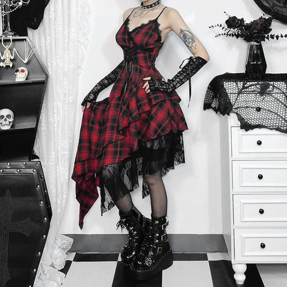Grunge Irregular Lace-up Plaid Party Slip Dress