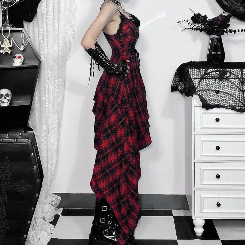 Grunge Irregular Lace-up Plaid Party Slip Dress