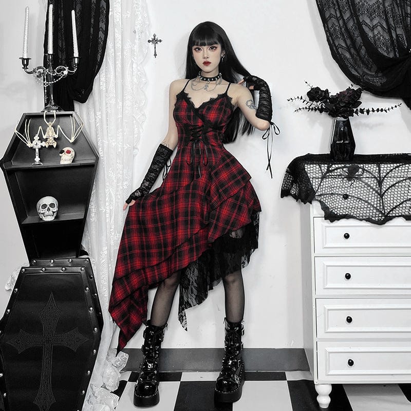 Grunge Irregular Lace-up Plaid Party Slip Dress