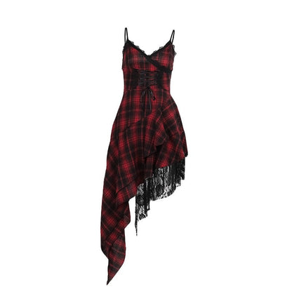 Grunge Irregular Lace-up Plaid Party Slip Dress