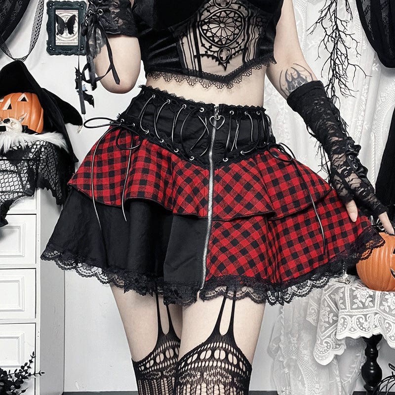 Grunge Lace Plaid Short Skirt Black Red