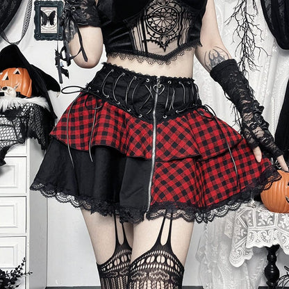 Grunge Lace Plaid Short Skirt Black Red