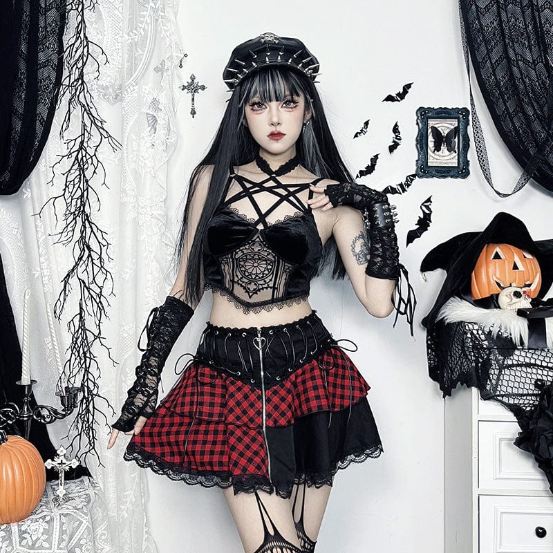 Grunge Lace Plaid Short Skirt Black Red