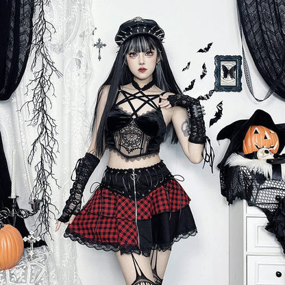 Grunge Lace Plaid Short Skirt Black Red