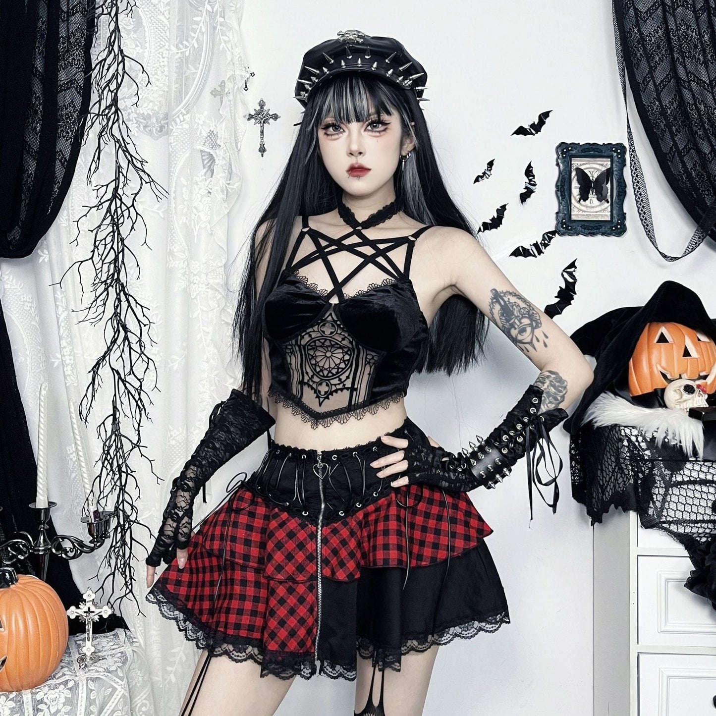 Grunge Lace Plaid Short Skirt Black Red