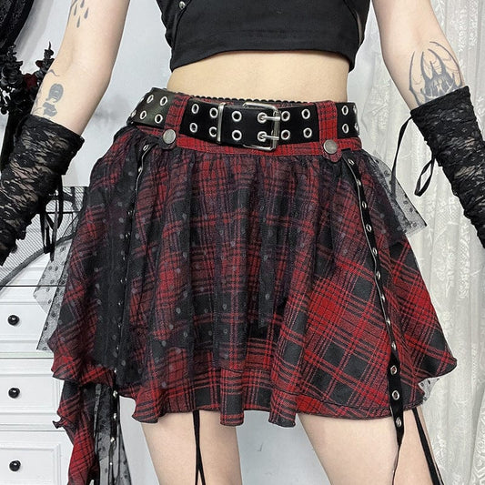 Grunge Mesh Grid Bubble Short Skirt Red
