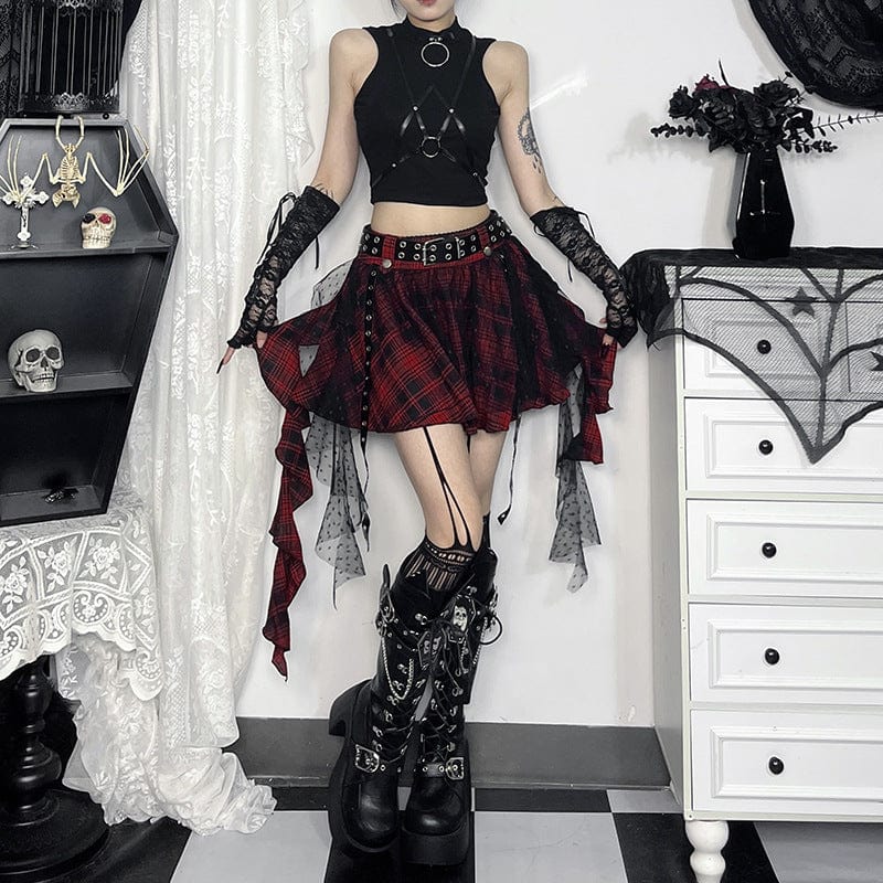 Grunge Mesh Grid Bubble Short Skirt Red