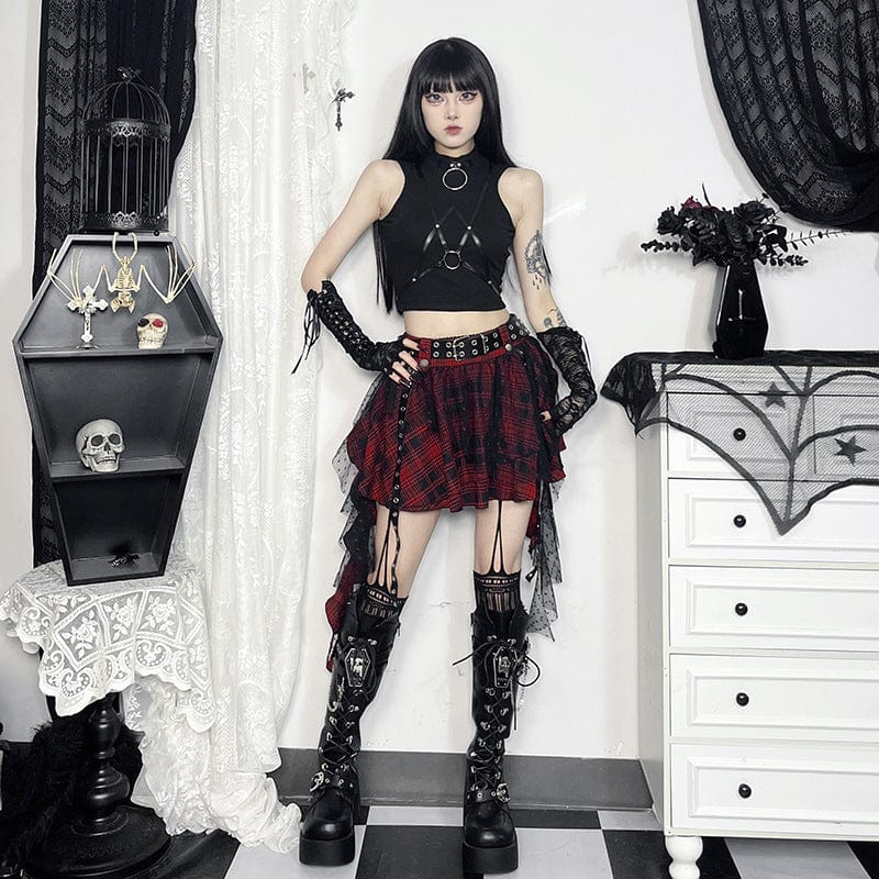 Grunge Mesh Grid Bubble Short Skirt Red