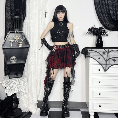 Grunge Mesh Grid Bubble Short Skirt Red