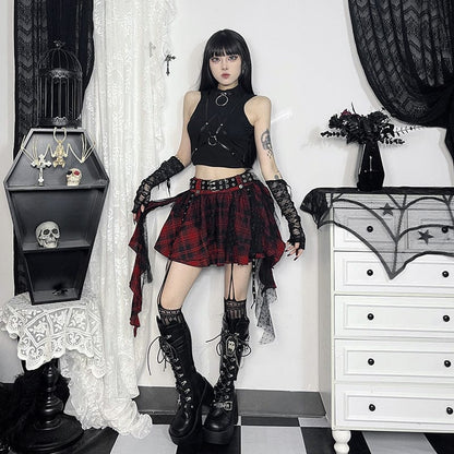 Grunge Mesh Grid Bubble Short Skirt Red