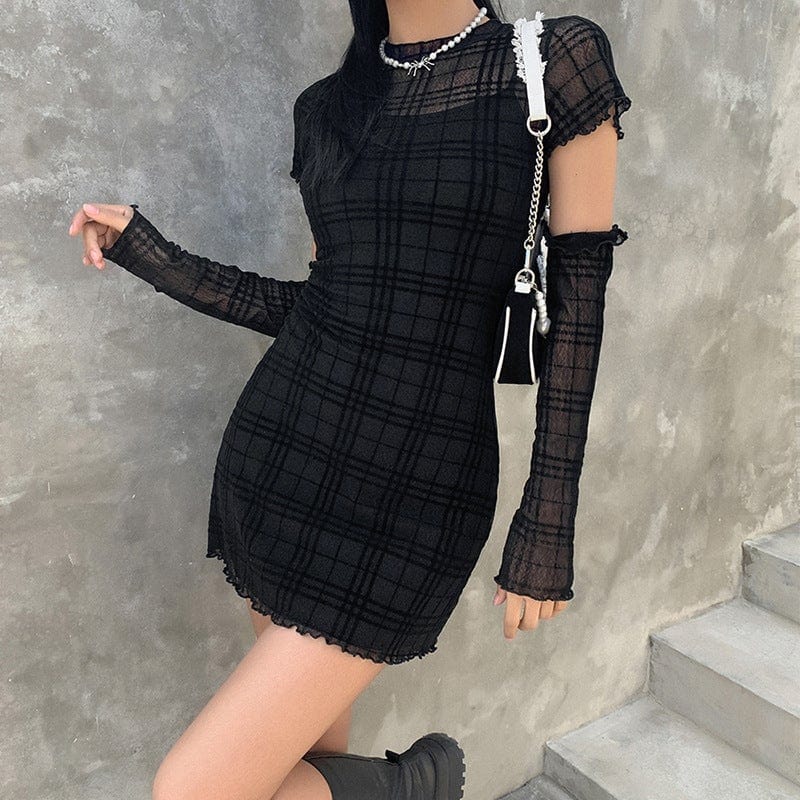 Grunge Plaid Sheer Dress with Slip Dress and Oversleeve