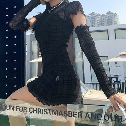 Grunge Plaid Sheer Dress with Slip Dress and Oversleeve
