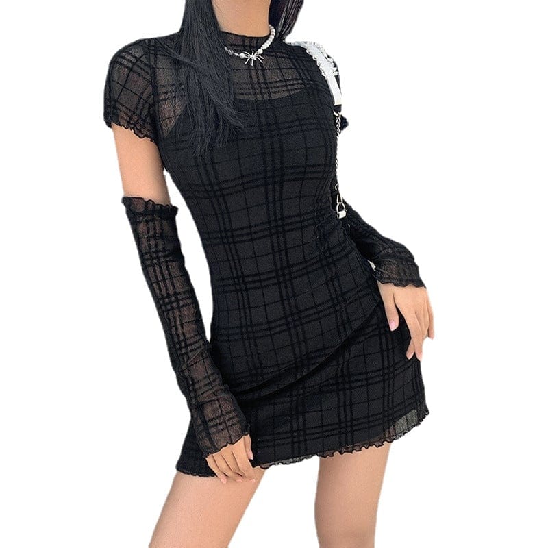 Grunge Plaid Sheer Dress with Slip Dress and Oversleeve