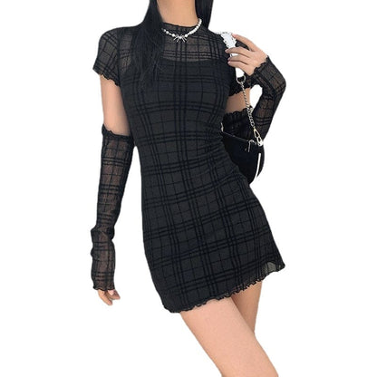 Grunge Plaid Sheer Dress with Slip Dress and Oversleeve