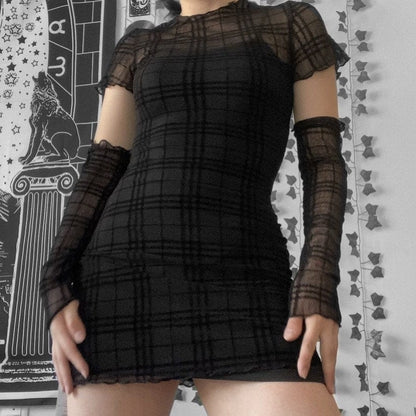 Grunge Plaid Sheer Dress with Slip Dress and Oversleeve