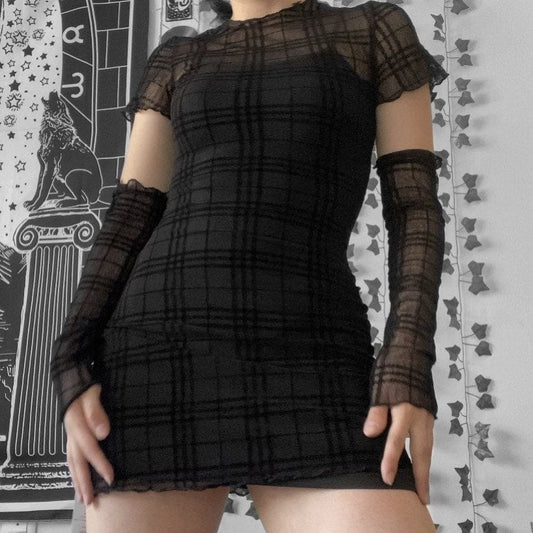 Grunge Plaid Sheer Dress with Slip Dress and Oversleeve