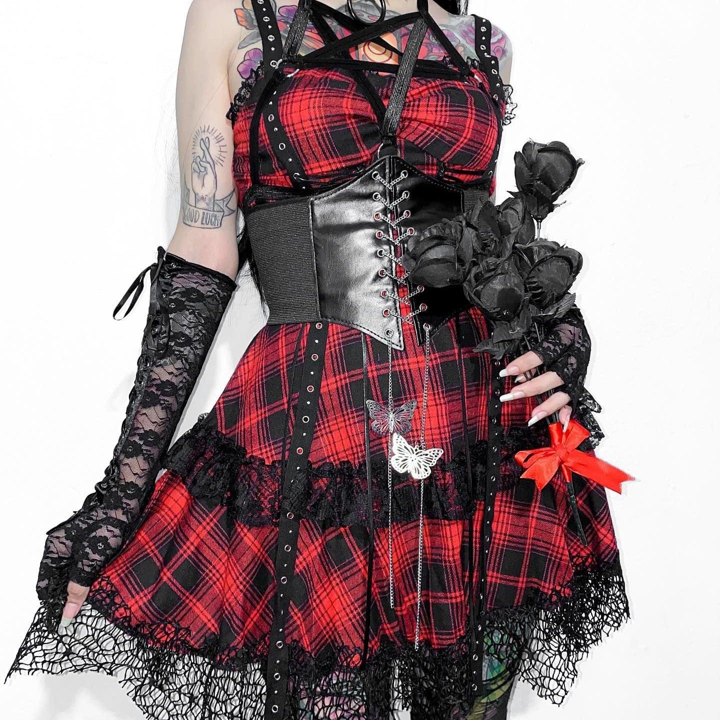 Grunge Red Plaid Lace Hem Slip Dress