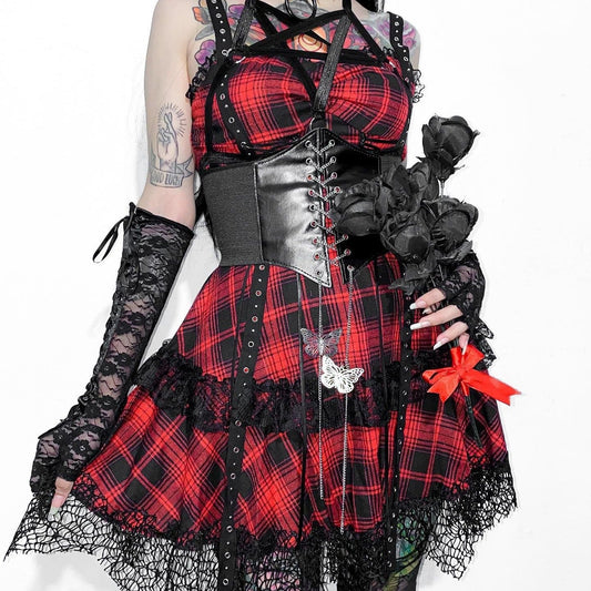 Grunge Red Plaid Lace Hem Slip Dress