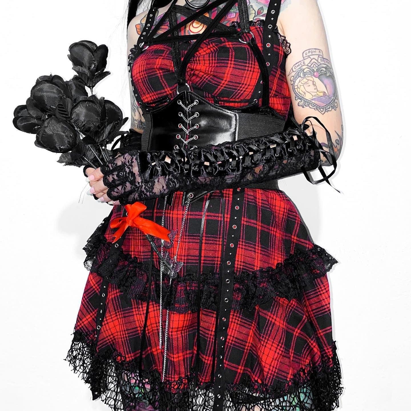 Grunge Red Plaid Lace Hem Slip Dress