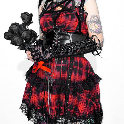 Grunge Red Plaid Lace Hem Slip Dress