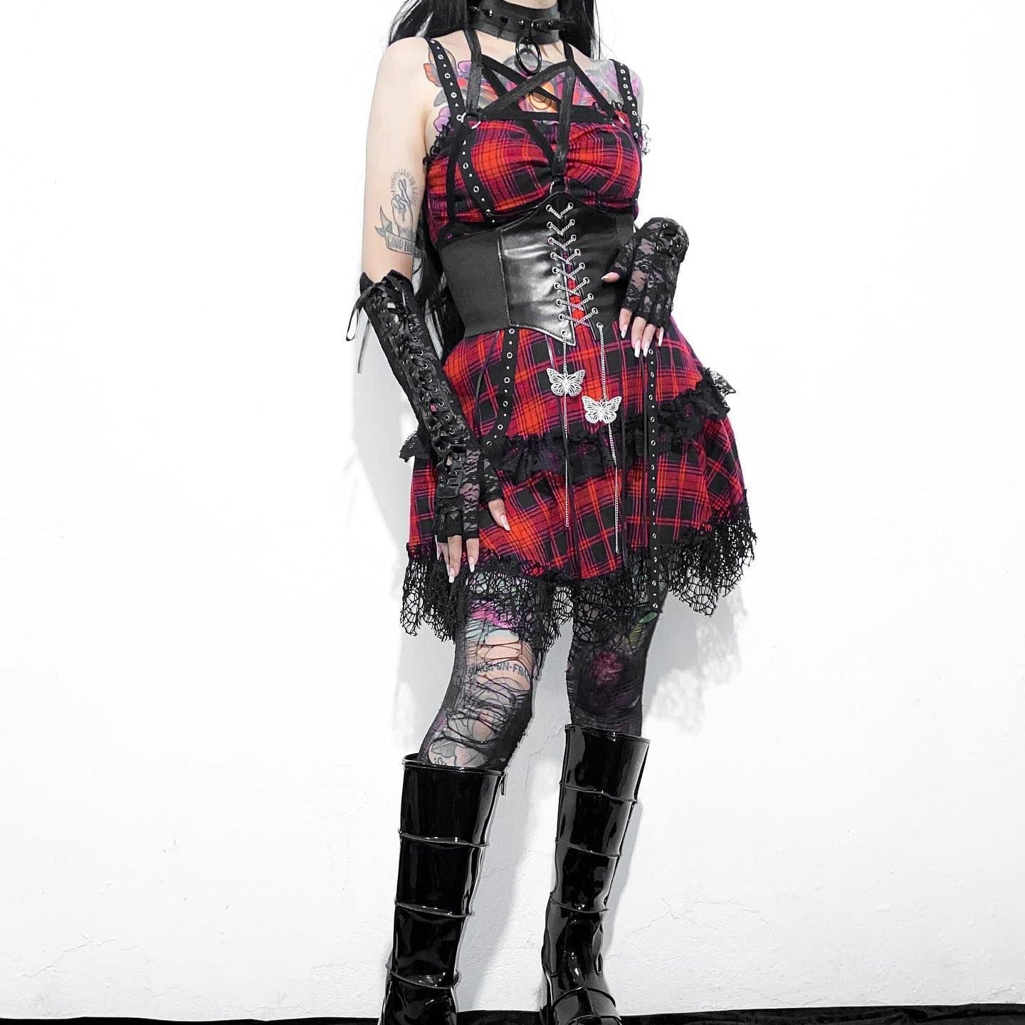 Grunge Red Plaid Lace Hem Slip Dress