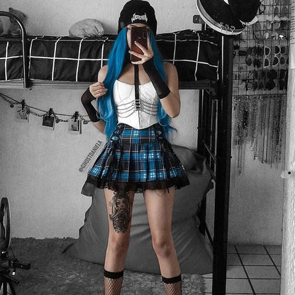 Grunge Strappy Lace Hem Plaid Pleated Skirt