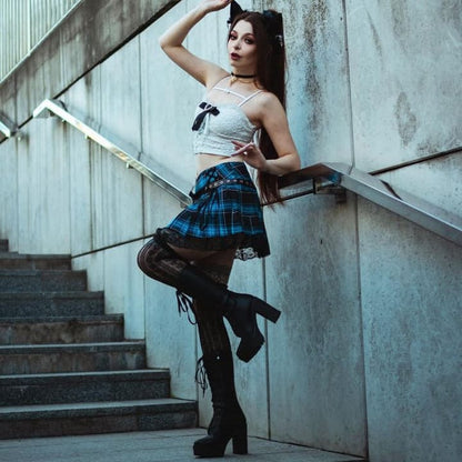 Grunge Strappy Lace Hem Plaid Pleated Skirt