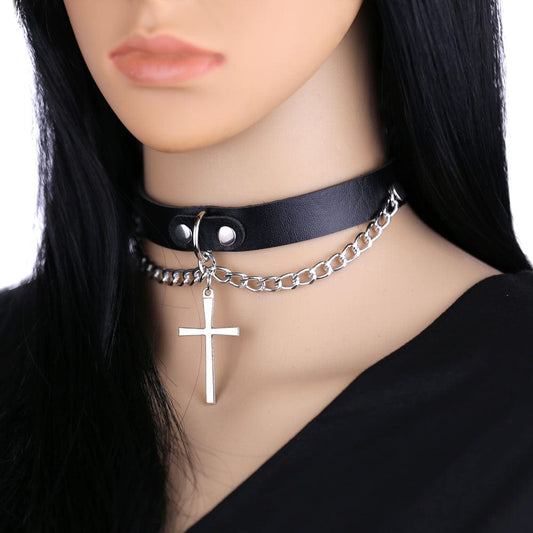 Punk Cross Buckle Choker with Chain