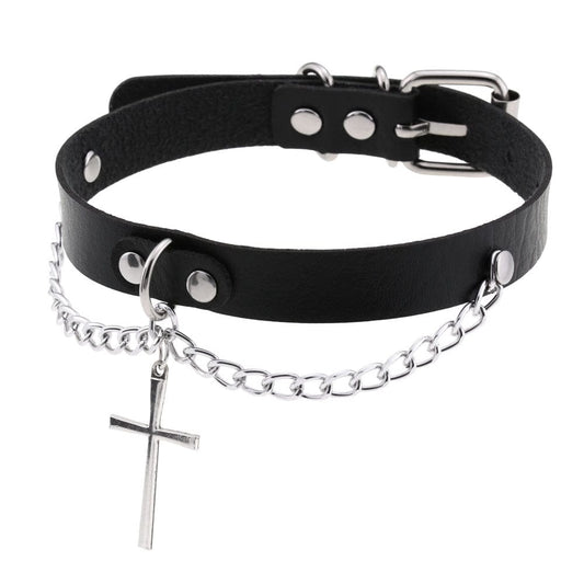 Punk Cross Buckle Choker with Chain