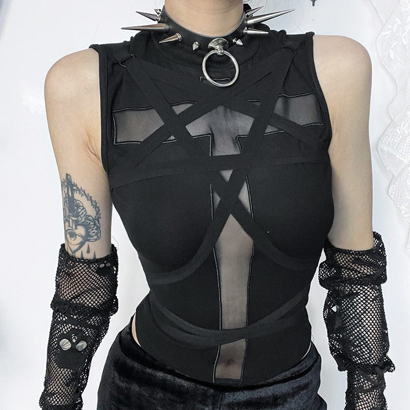 Punk Cross Mesh Splice Strap Tank Top
