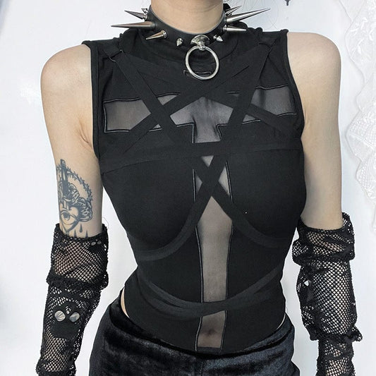 Punk Cross Mesh Splice Strap Tank Top