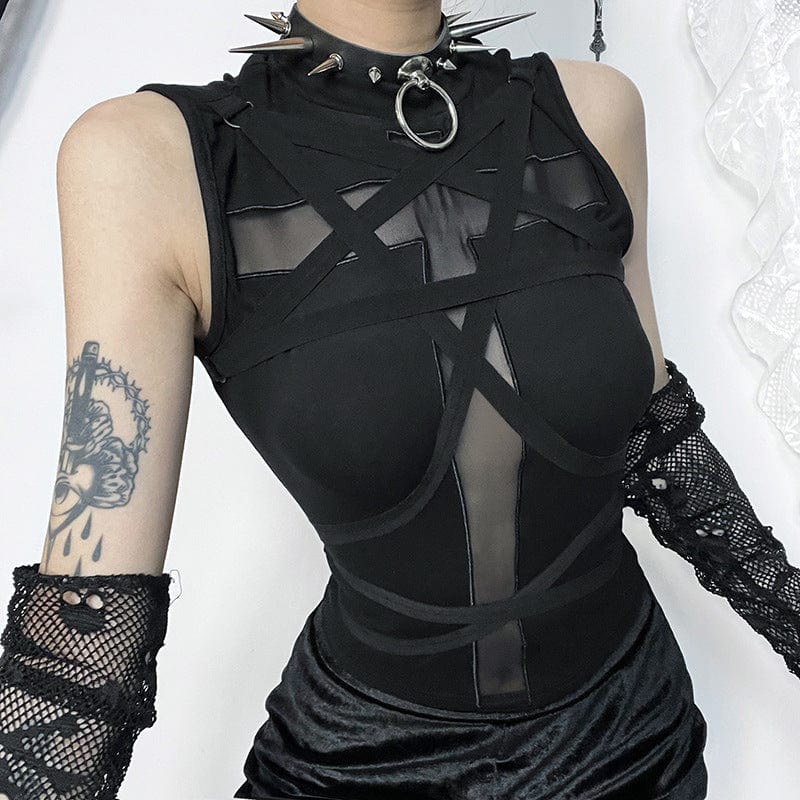 Punk Cross Mesh Splice Strap Tank Top